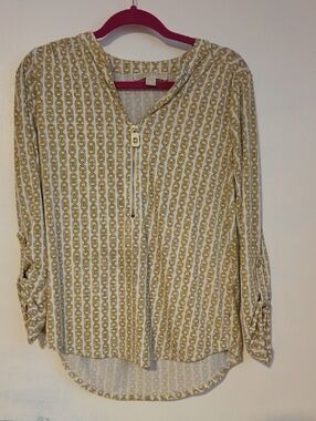 MICHAEL Michael Kors White and Gold Chain-Print Zip Blouse